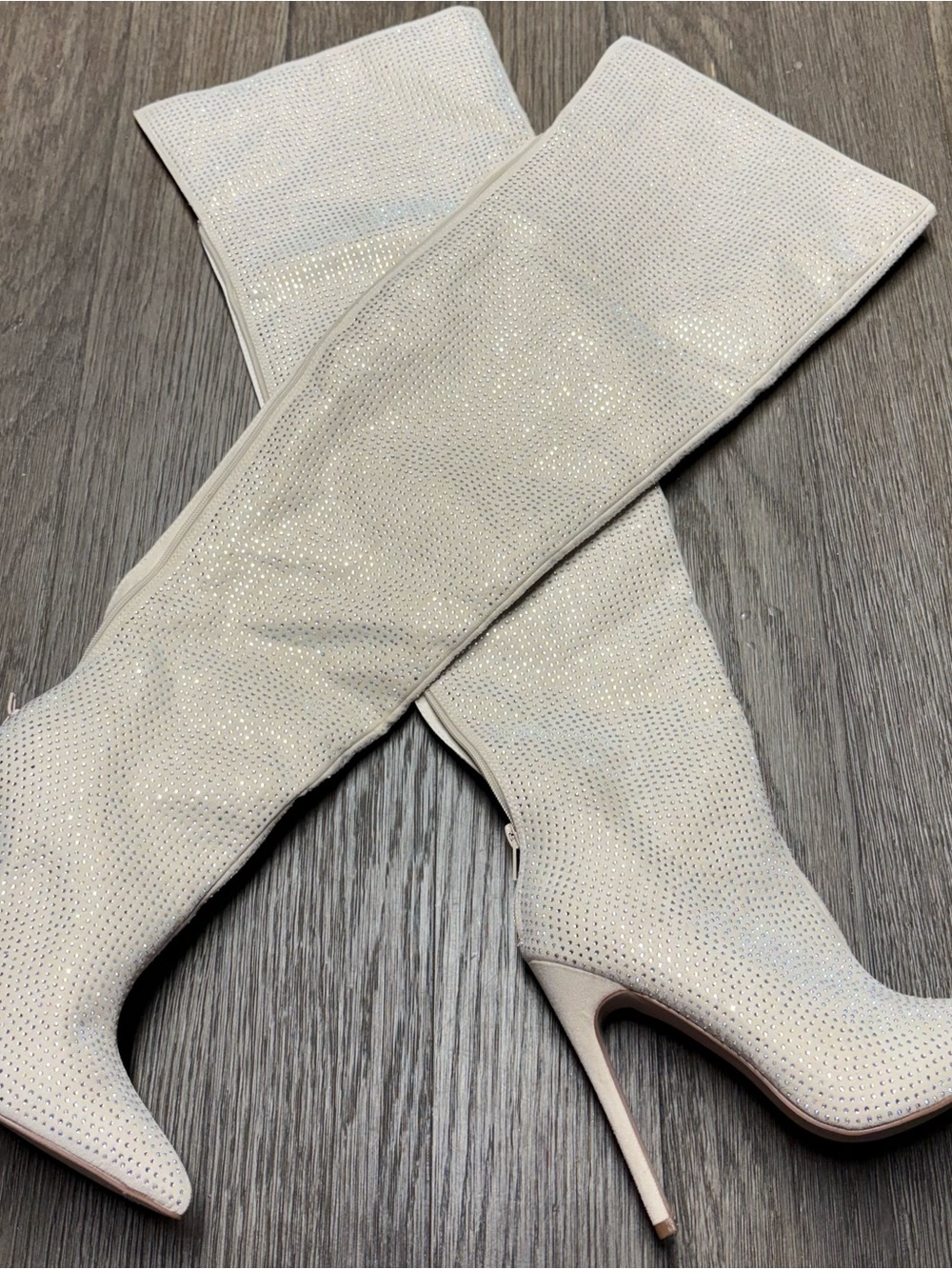 ShoeDazzle Charmed Cream Rhinestone Over the Knee Stiletto Boots 8.5